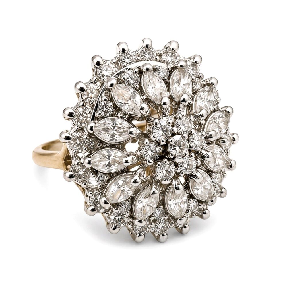 Vintage 1980s CZ Cocktail Ring Size 8 Halo Dome Cluster 14KT Gold Plate - 14G